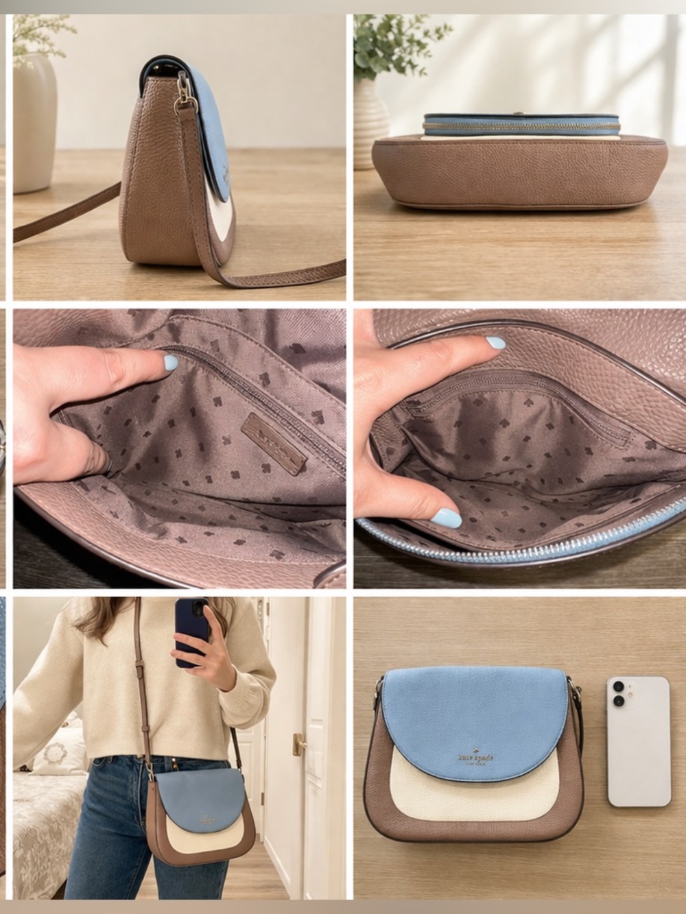 kate spade Pebbled Tricolor Saddle Crossbody — Brown, Cream & Light Blue - Picture 12 of 12